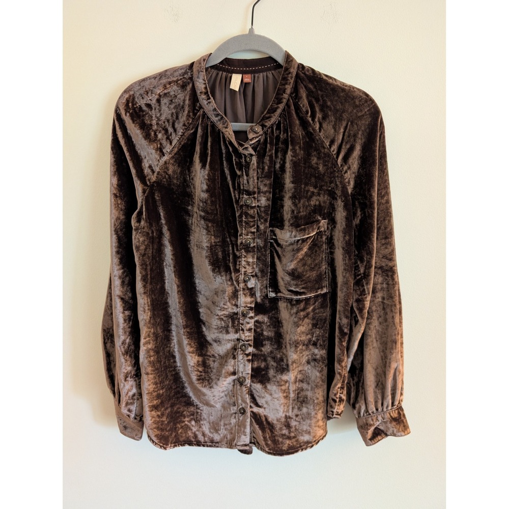 Pilcro Brown Velvet Femme Button Down Shirt Band Collar Small rodeo cowboy boho